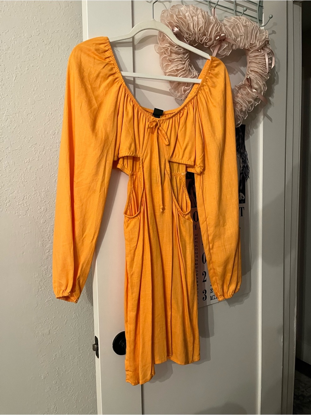 Bright Yellow Long Sleeve Cut-Out  Tie-Front Dress